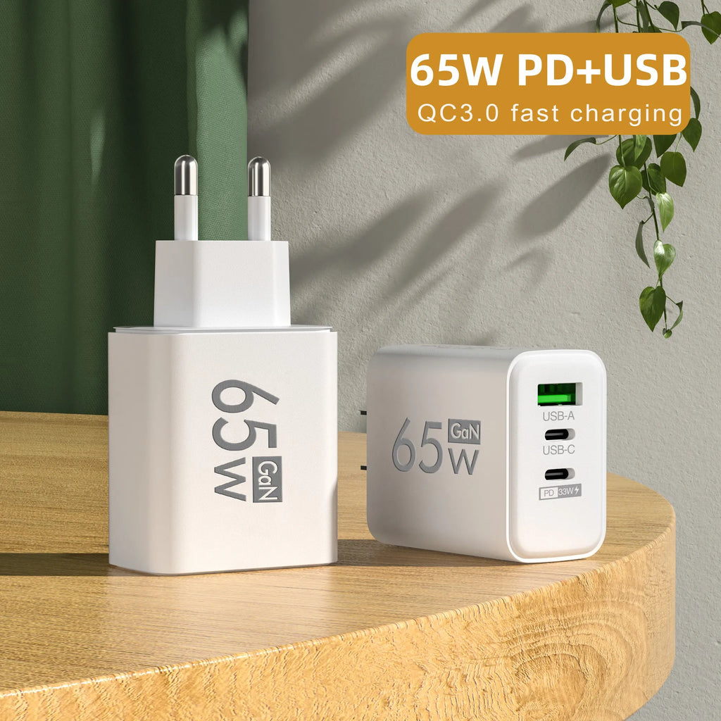 ⚡65W GaN Fast Charger with Triple Ports – Ultra-Compact PD & QC 3.0 Wall Adapter for iPhone, Samsung & Xiaomi