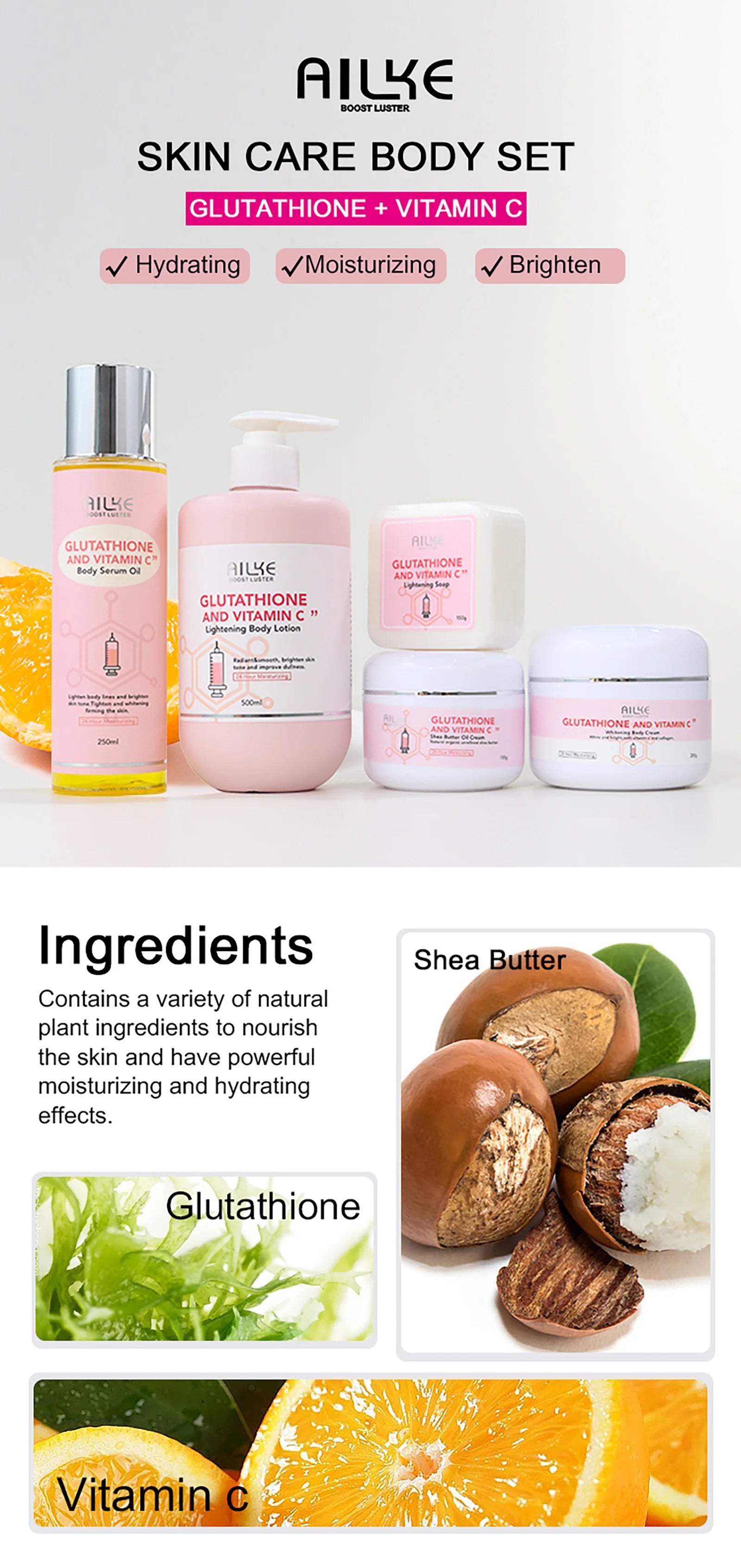 AILKE Vitamin C + Glutathione Brightening Skincare Set – Moisturizing, Whitening & Glow-Boosting Full Body System