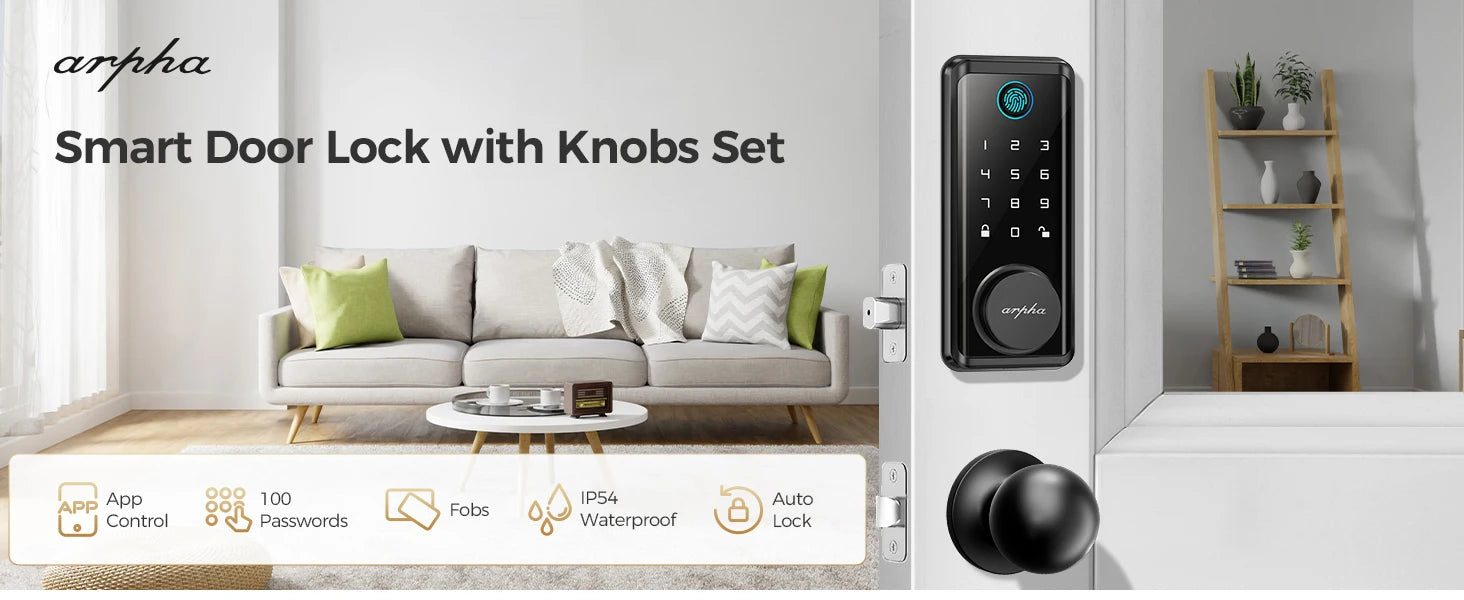 Arpha Smart Lock D601K Keyless Entry Door Lock Deadbolt with Handle Set Waterproof 5-in-1 Fingerprint Keyless Entry Door Lock