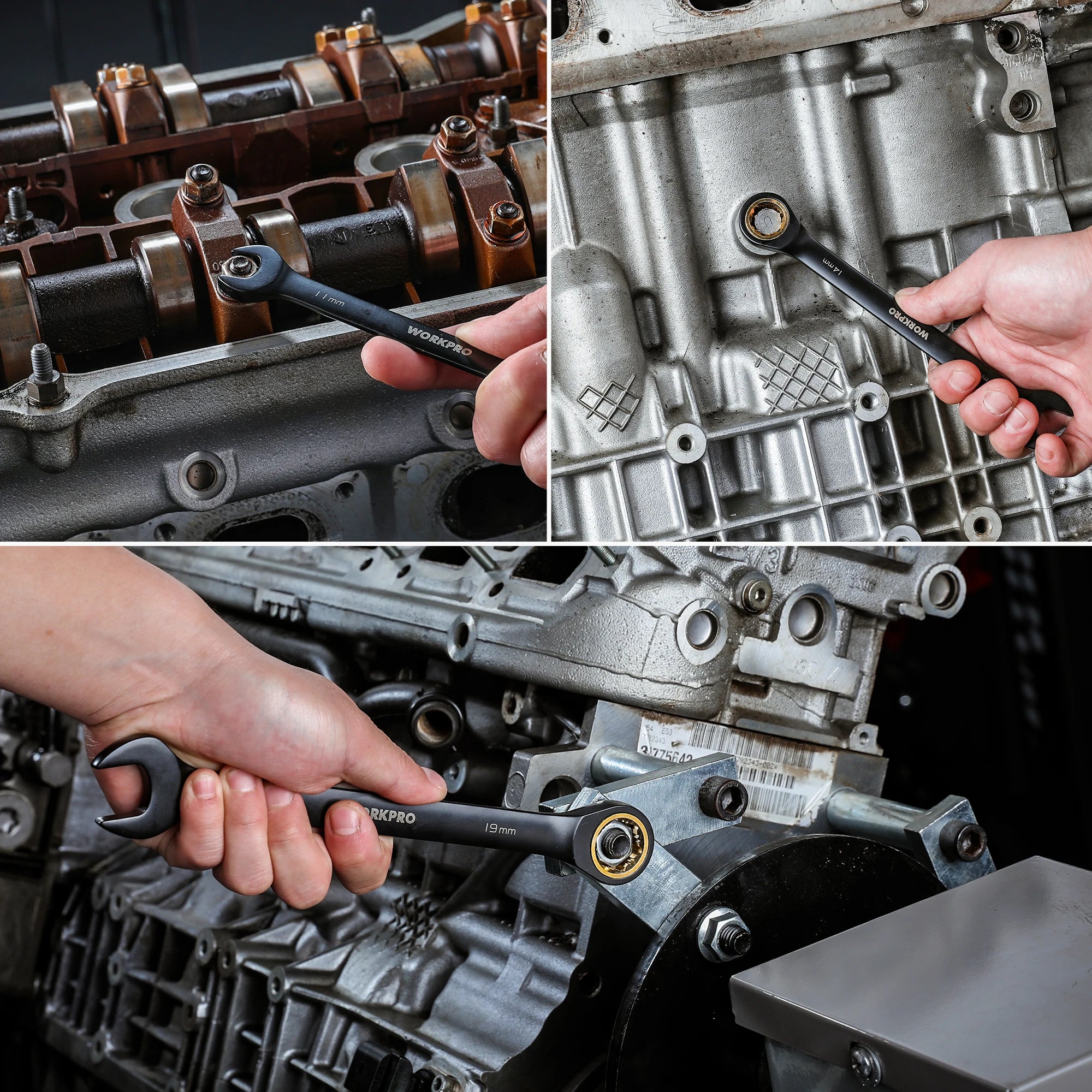 WORKPRO 9-Piece Anti-Slip Ratcheting Combination Wrench Set | 72-Tooth Cr-V Metric/SAE 8–19 mm | Durable Black Carbon Steel Ratchet Wrenches