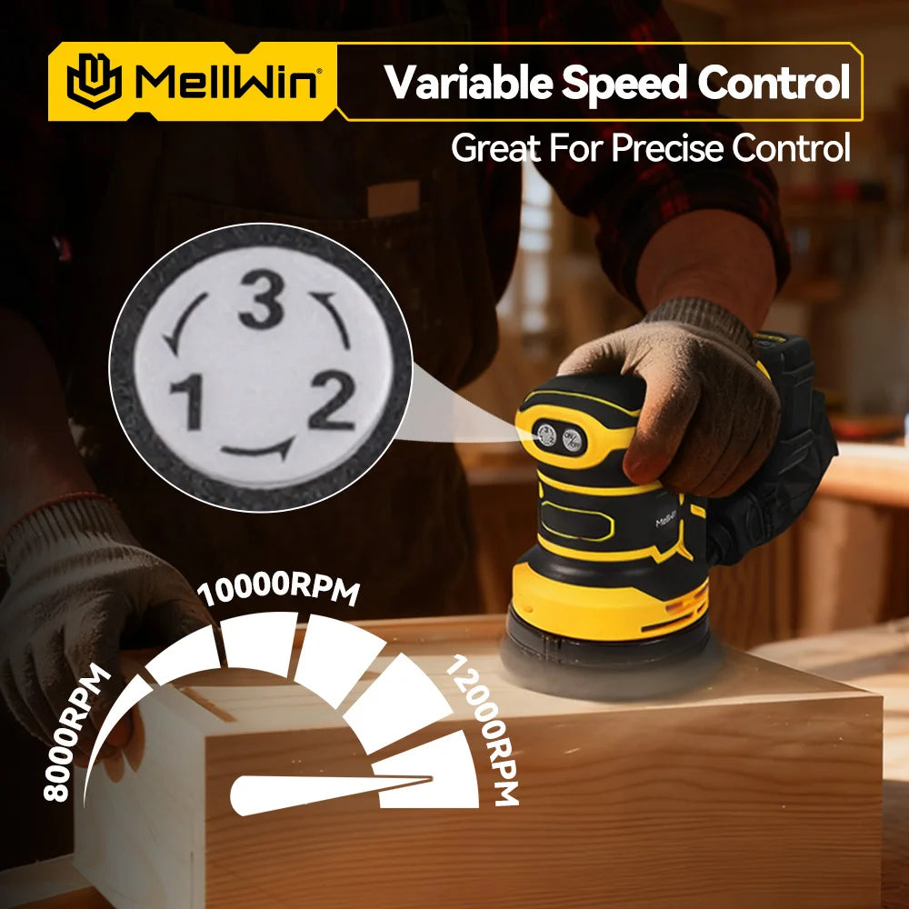 MELLWIN 125mm Cordless Orbital Sander Polisher, 3-Speed Adjustable 18V Electric Sander for Wood & Metal, Makita 18V Battery Compatible