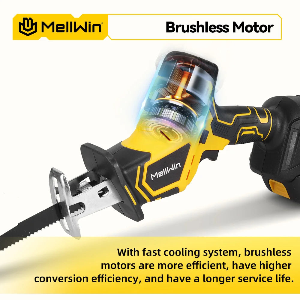 MELLWIN Brushless Cordless Reciprocating Saw 12000 SPM, 18V Compatible Electric Cut Saw for Wood, Metal & Pipe, Portable DIY Cutting Tool