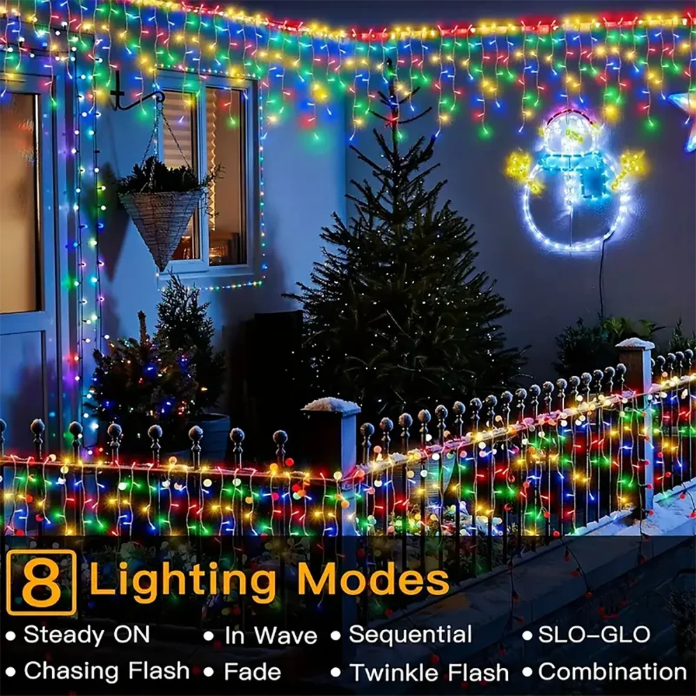 Waterproof Solar Icicle Curtain Lights with 8 Modes – Outdoor LED String Lights for Garden, Patio & Festive Decor