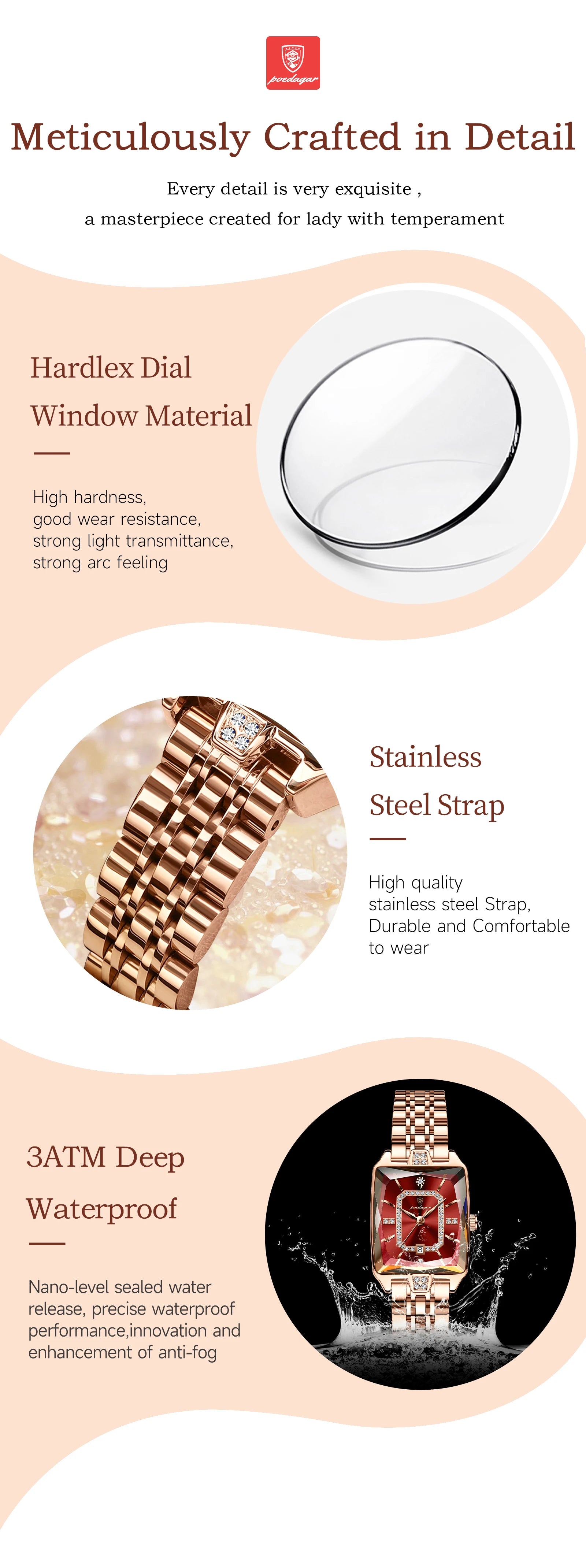 POEDAGAR Women’s Elegant Rectangle Stainless Steel Watch – Waterproof Quartz Date Fashion Wristwatch