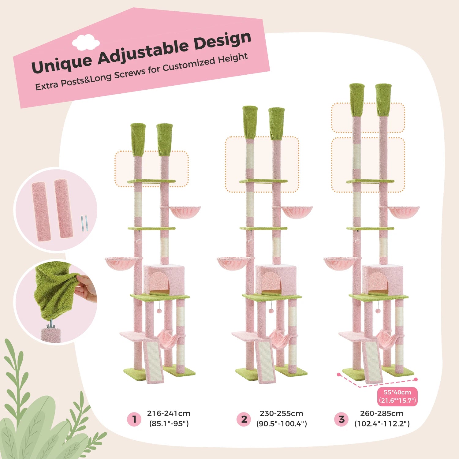 Cactus Floor-to-Ceiling Cat Tree Tower – 7-Tier Adjustable Cat Climbing Tree with Hammocks & Condo