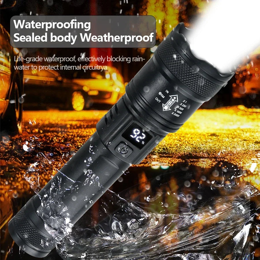 2000LM Tactical LED Flashlight with USB Recharge, Zoomable & Waterproof Camping Torch with Power Bank & Battery Indicator