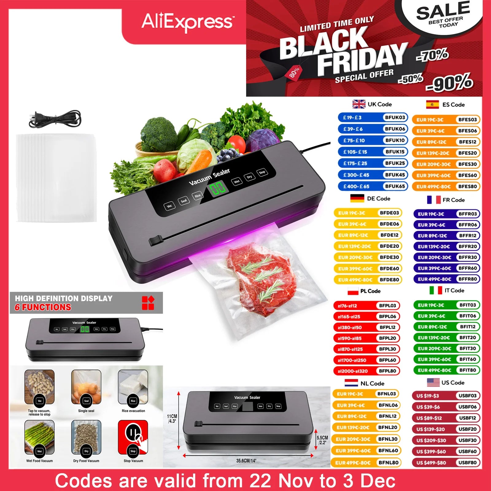 DayPlus Compact Electric Vacuum Sealer – Fresh Food Preservation with 5 Modes & 10 Free Bags