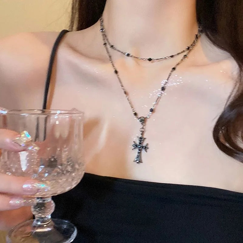 ✨ Luxe Gothic Zircon Cross Pendant Necklace – Y2K Aesthetic Punk Statement Jewelry (Unisex)