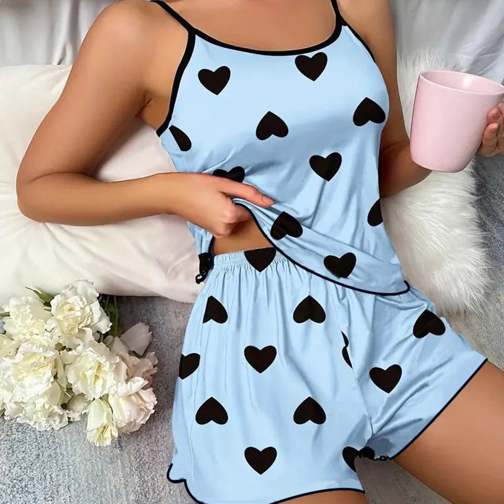 DreamSoft™ Women’s Ice-Silk Summer Pajama Set – Pink Heart Print Sleeveless Top & Shorts Lounge Set