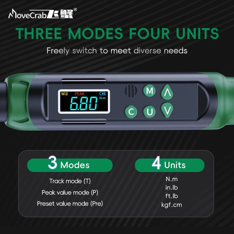 MoveCrab Digital Torque Wrench with Interchangeable Ratchet & Open-End Heads, 5–99.6 ft-lb (6.8–135 Nm) High-Precision Electronic Torque Wrench with LCD Display