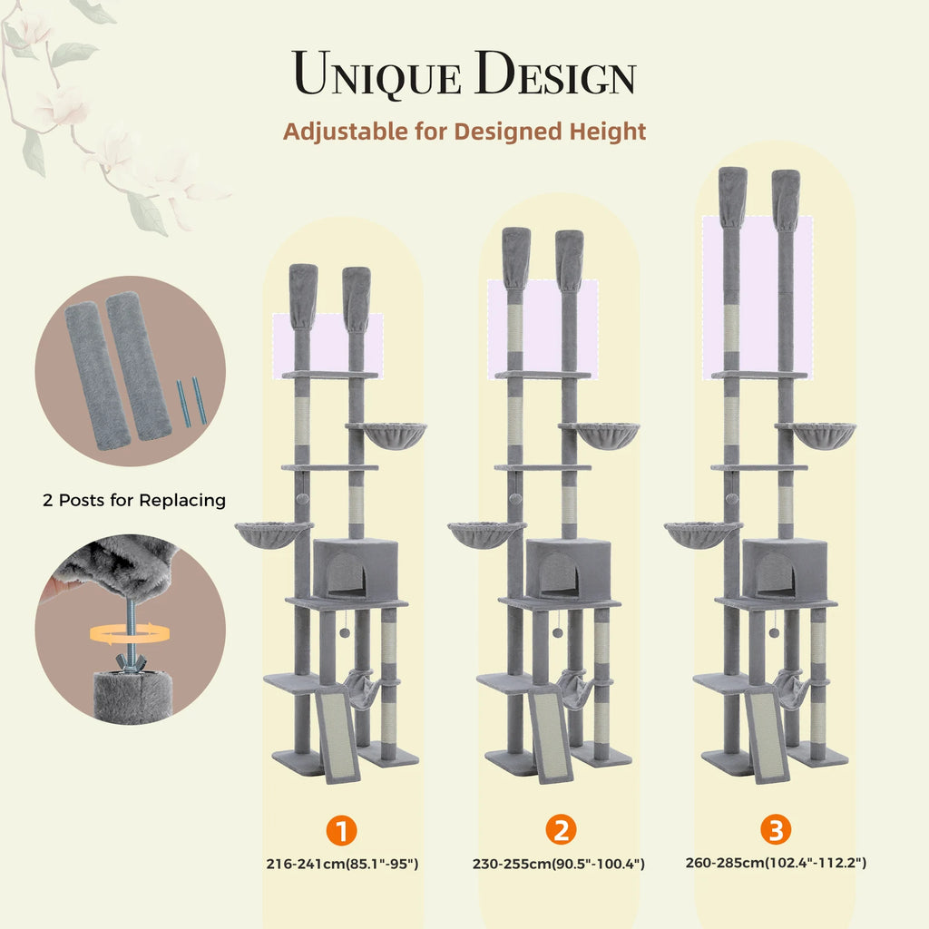 Cactus Floor-to-Ceiling Cat Tree Tower – 7-Tier Adjustable Cat Climbing Tree with Hammocks & Condo