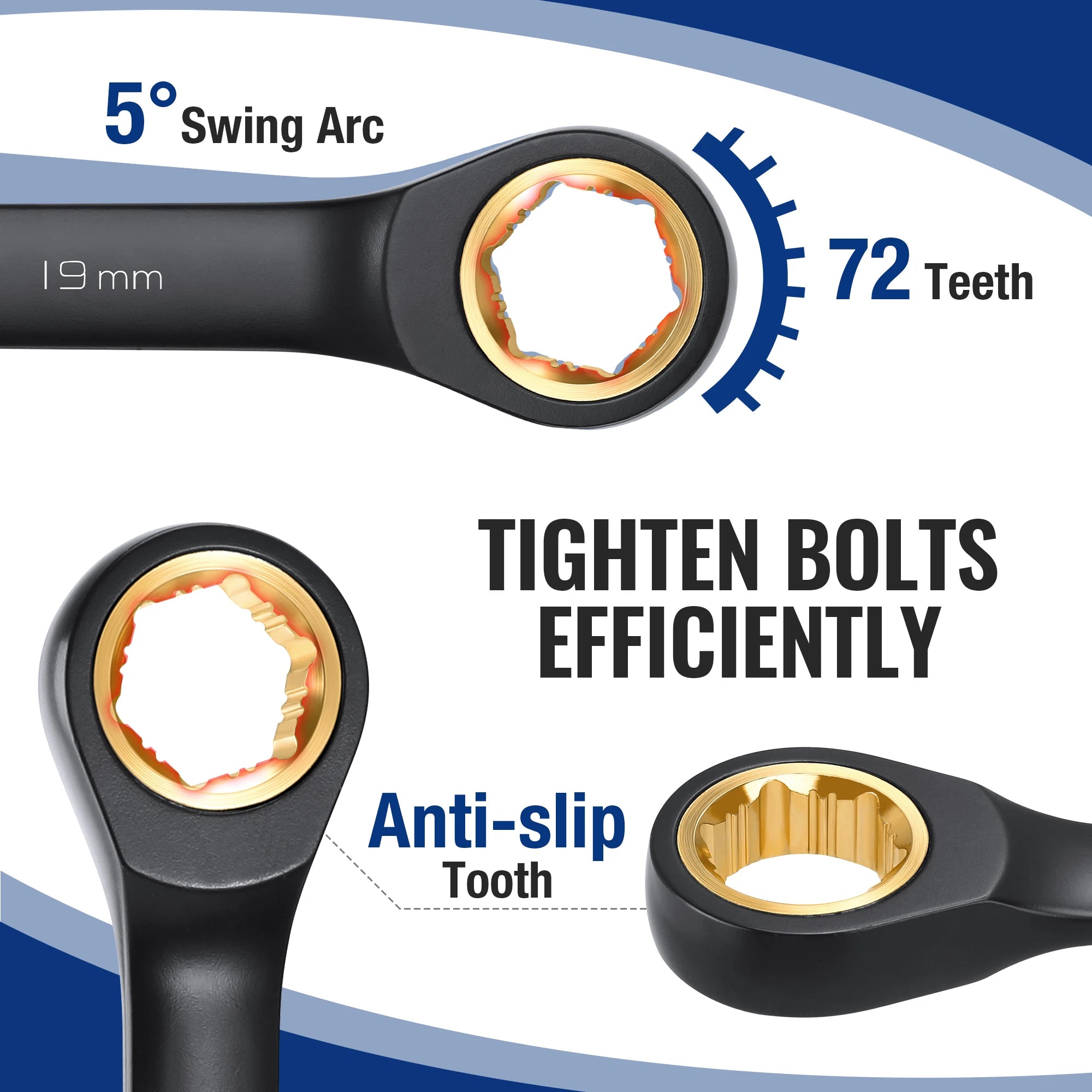 WORKPRO 9-Piece Anti-Slip Ratcheting Combination Wrench Set | 72-Tooth Cr-V Metric/SAE 8–19 mm | Durable Black Carbon Steel Ratchet Wrenches