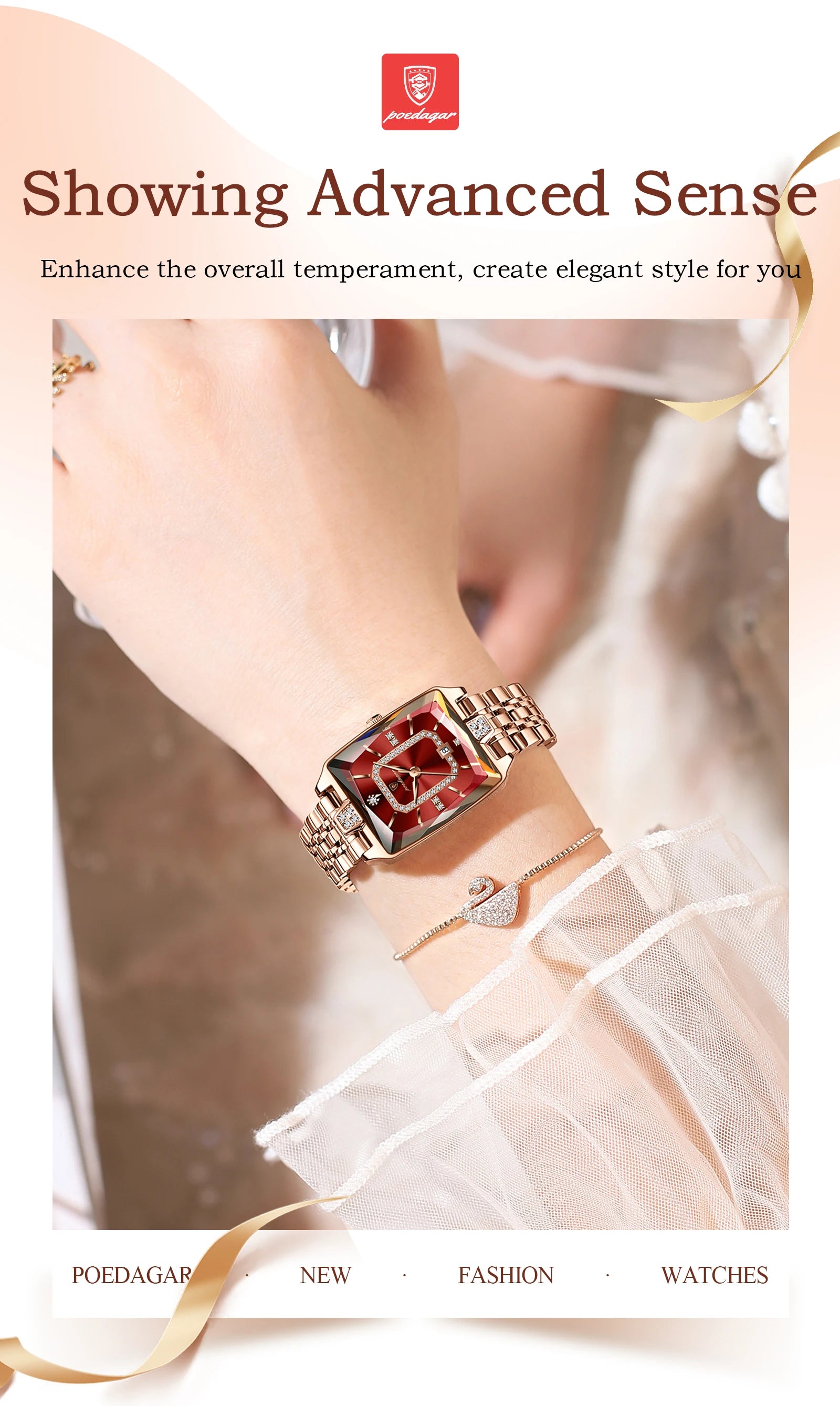 POEDAGAR Women’s Elegant Rectangle Stainless Steel Watch – Waterproof Quartz Date Fashion Wristwatch