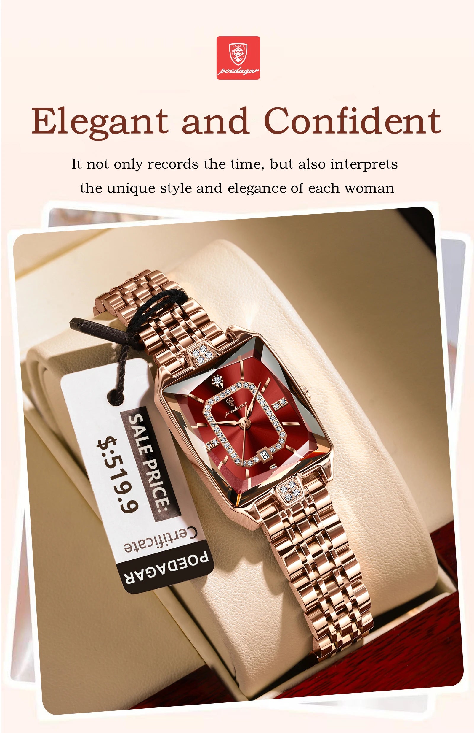 POEDAGAR Women’s Elegant Rectangle Stainless Steel Watch – Waterproof Quartz Date Fashion Wristwatch