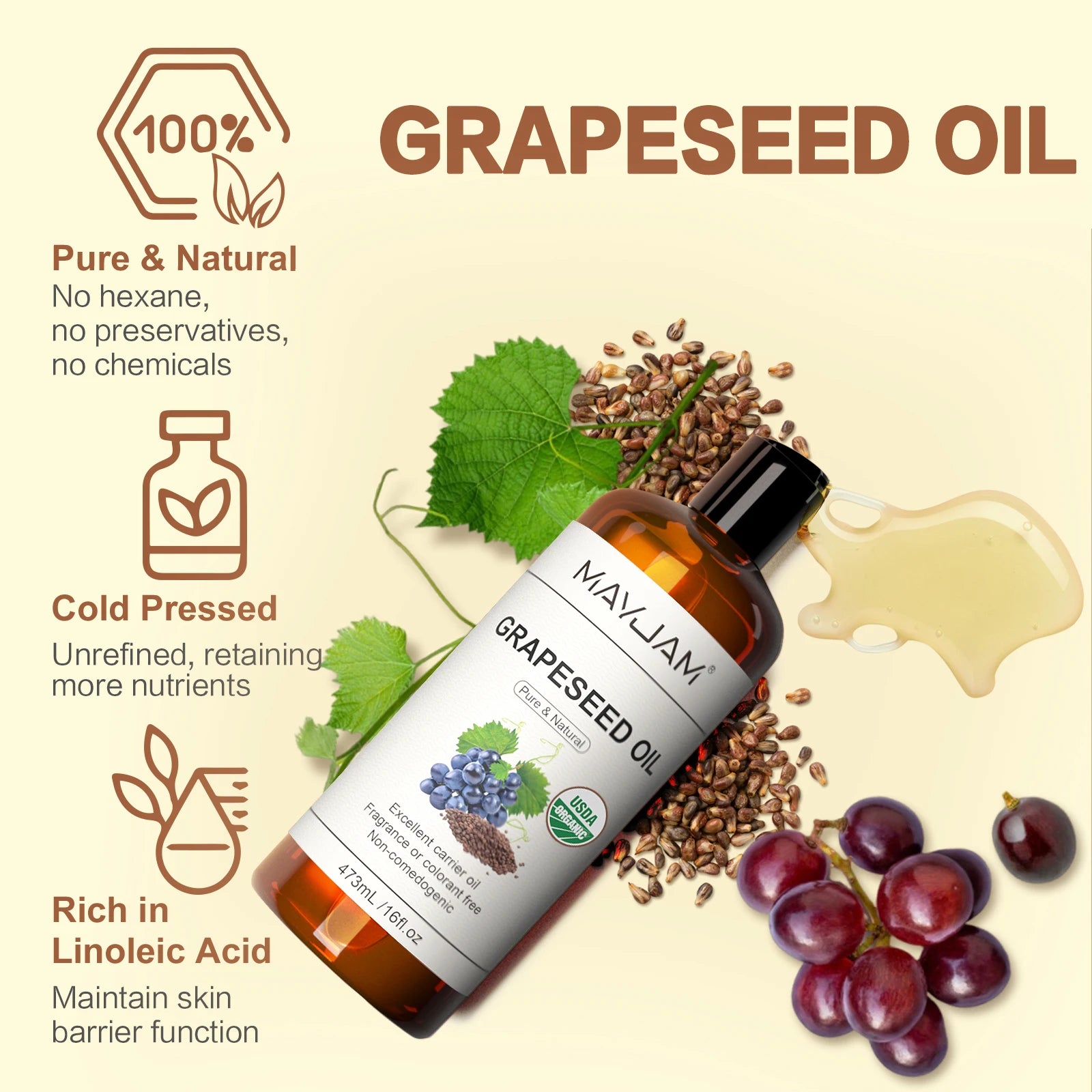 ✨ MAYJAM Organic Grapeseed Oil – 16 fl. oz Pure Cold-Pressed Natural Carrier Oil for Skin & Hair Wellness ✨