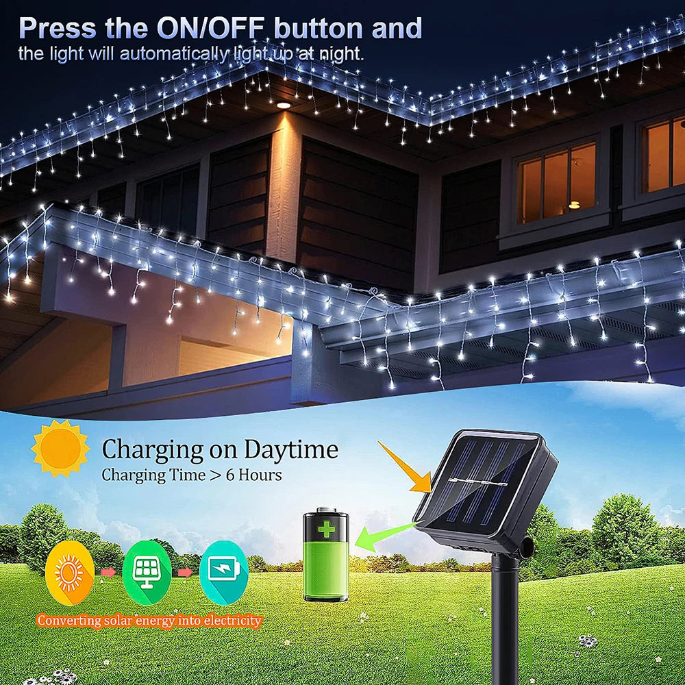 Outdoor Solar Icicle Curtain Lights – Waterproof LED String with 8 Modes for Patio, Garden & Festive Lighting