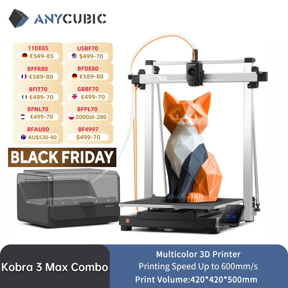 Anycubic Kobra 3 Max Combo – Ultra-Large Multi-Color 3D Printer with 600mm/s High-Speed Printing, Smart App Control & 8-Color ACE Pro System