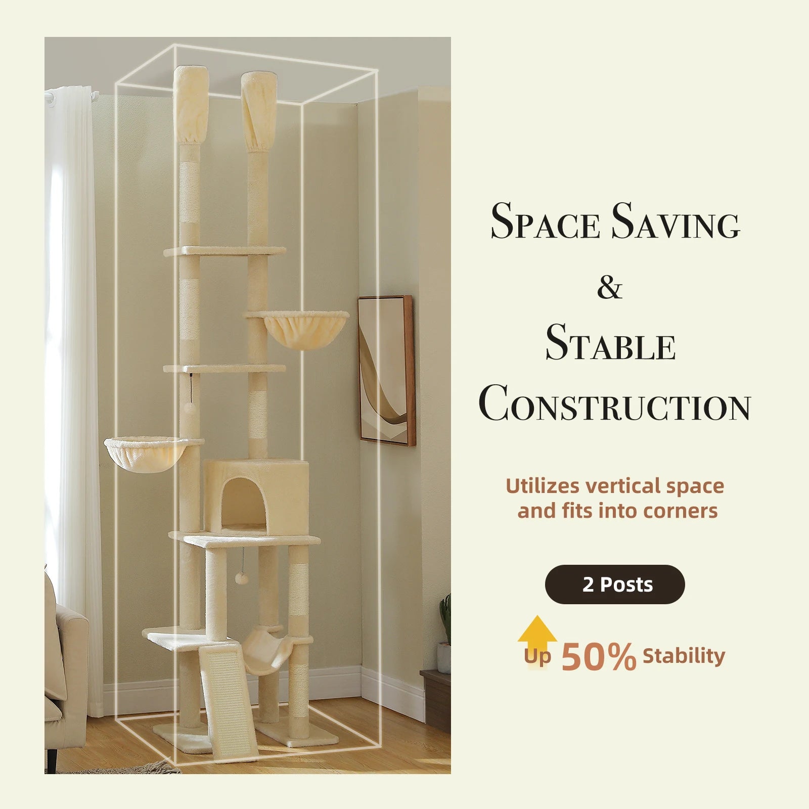 Cactus Floor-to-Ceiling Cat Tree Tower – 7-Tier Adjustable Cat Climbing Tree with Hammocks & Condo