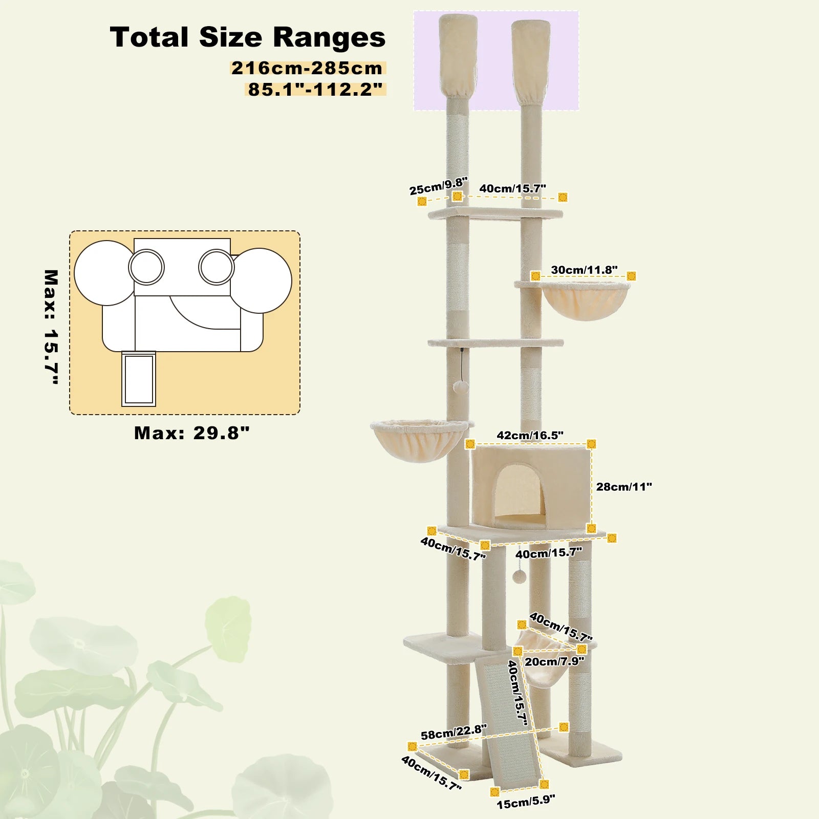 Cactus Floor-to-Ceiling Cat Tree Tower – 7-Tier Adjustable Cat Climbing Tree with Hammocks & Condo