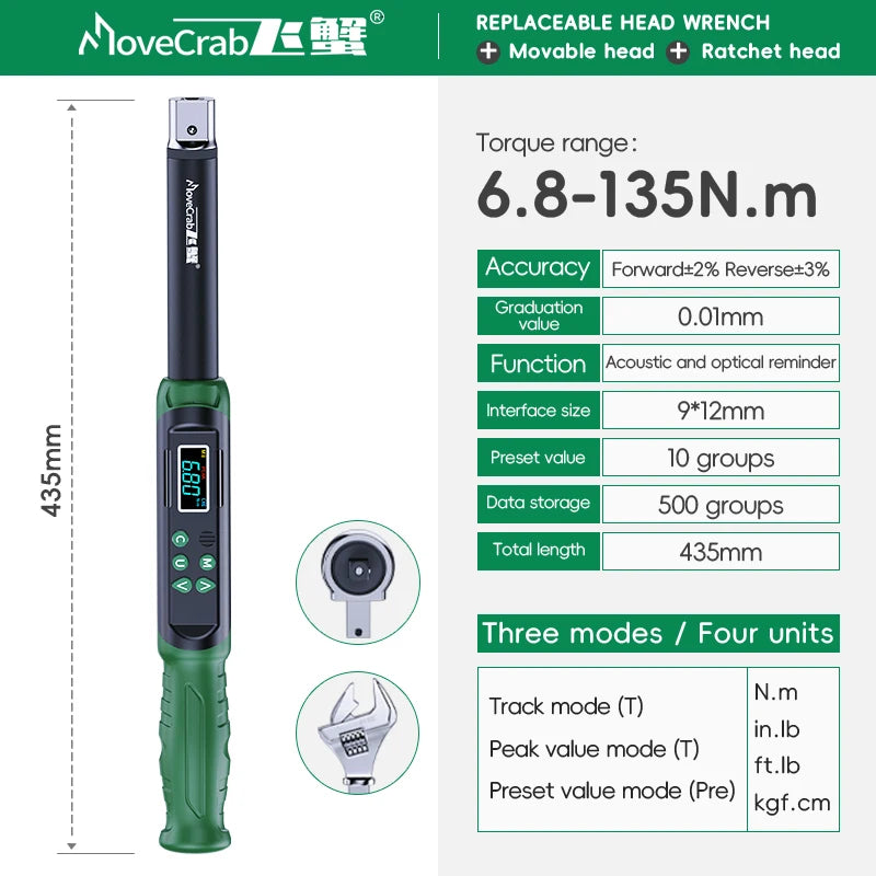 MoveCrab Digital Torque Wrench with Interchangeable Ratchet & Open-End Heads, 5–99.6 ft-lb (6.8–135 Nm) High-Precision Electronic Torque Wrench with LCD Display