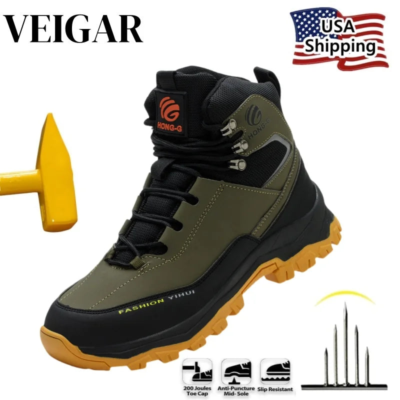 VEIGAR Men’s Protective Work Safety Shoes – Breathable Anti-Puncture Steel Toe Cap Work Boots