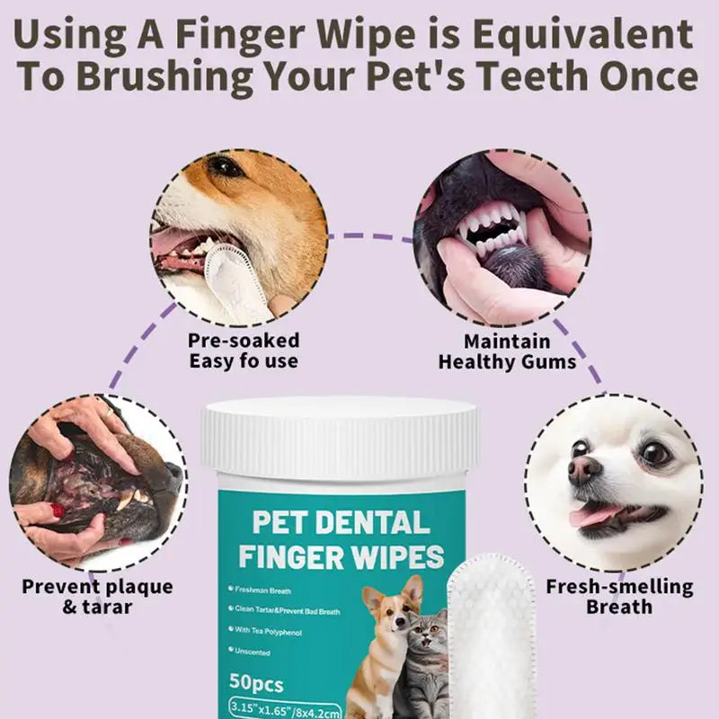 Pet Teeth Cleaning Wipes (50 Count) Dog & Cat Dental Finger Wipes for Bad Breath Removal, Portable Teeth Brushing Wipes for Home & Travel