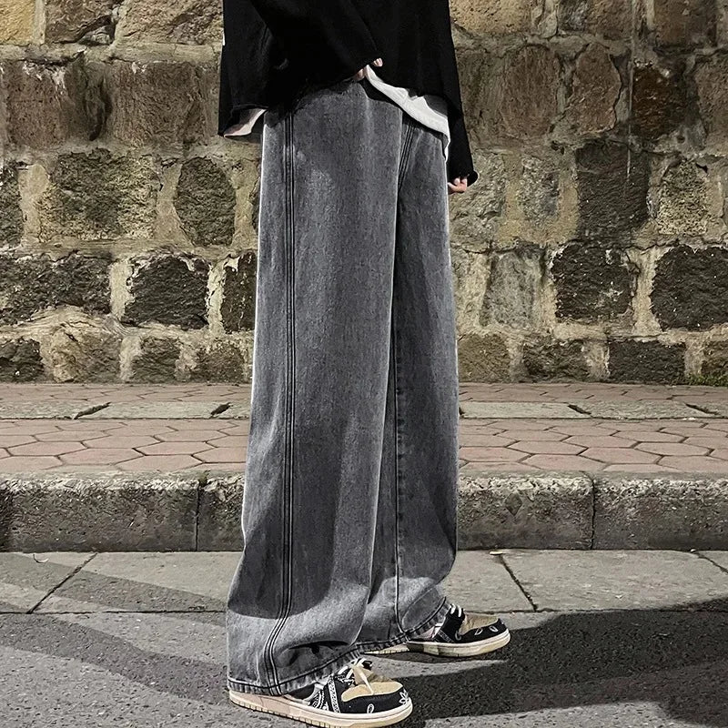 2024 Men’s Streetwear Loose Jeans – Korean Style Wide Leg Casual Pants, Black & Light Blue