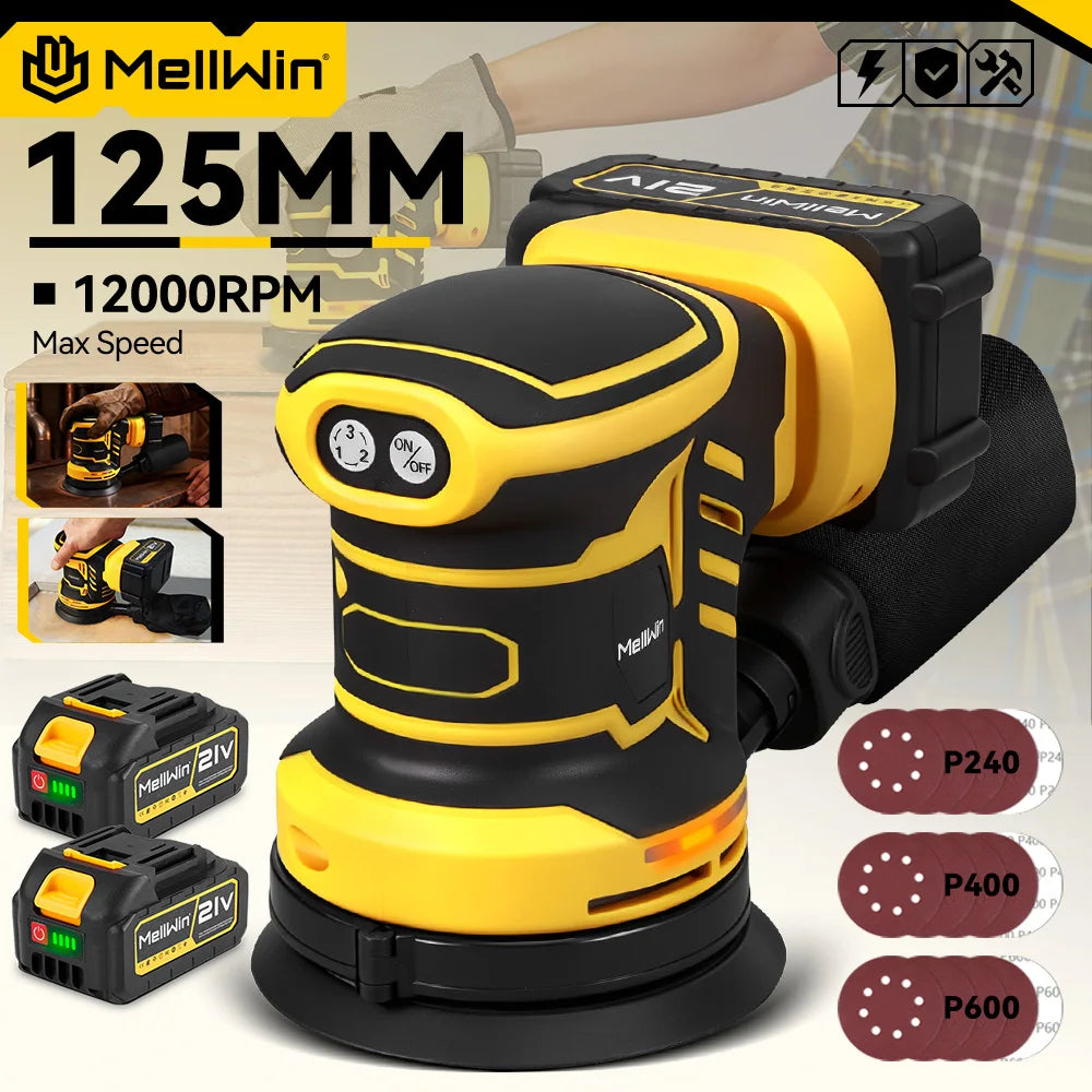 MELLWIN 125mm Cordless Orbital Sander Polisher, 3-Speed Adjustable 18V Electric Sander for Wood & Metal, Makita 18V Battery Compatible