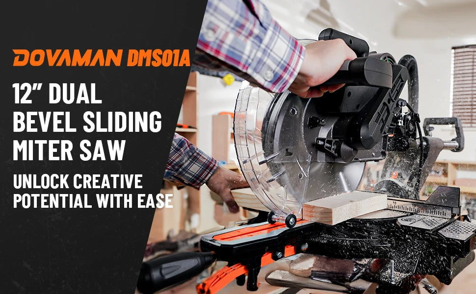 DOVAMAN 12-Inch Dual-Bevel Sliding Miter Saw | 3800 RPM 15A Motor | Laser Guide | 0–45° Bevel & Miter | 9 Positive Stops | 4.2" x 13" Crosscut Capacity