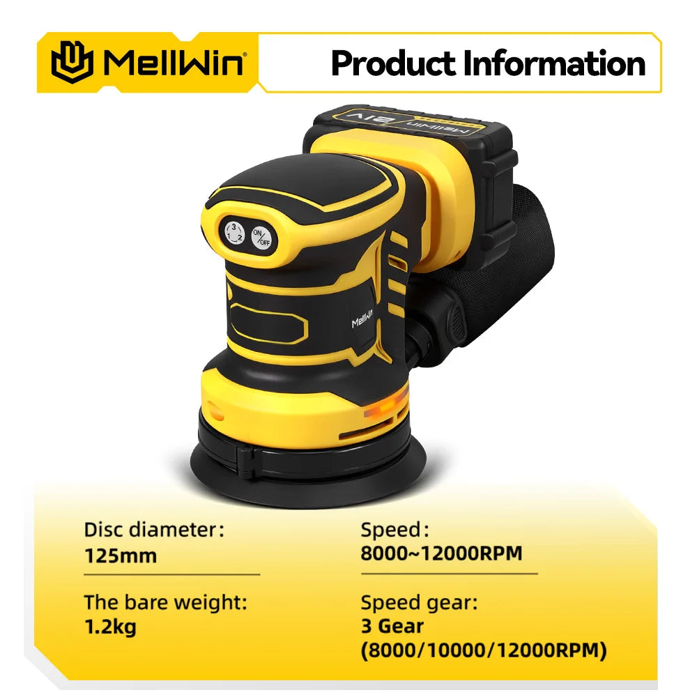 MELLWIN 125mm Cordless Orbital Sander Polisher, 3-Speed Adjustable 18V Electric Sander for Wood & Metal, Makita 18V Battery Compatible