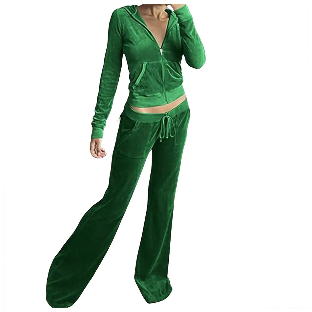 Velour Velvet Two-Piece Tracksuit for Women – Slim Fit Zip-Up Hoodie & Sweatpants Set, Casual Luxe Loungewear Outfit
