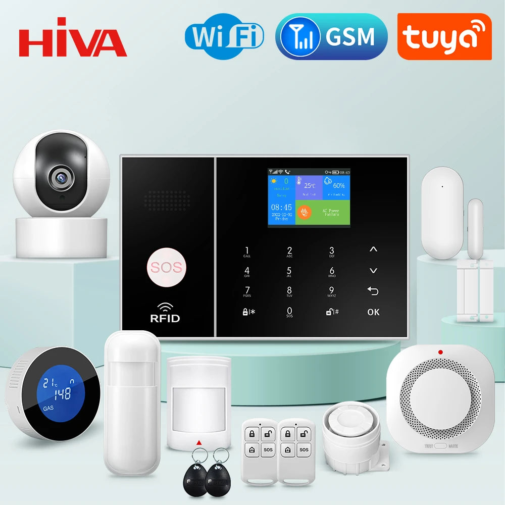 HIVA Security Alarm System For Home GSM Wifi Tuya Smart Life App Control Burglar Alarm Kit With Pir Door Sensor work with Alexa