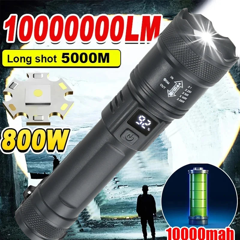 2000LM Tactical LED Flashlight with USB Recharge, Zoomable & Waterproof Camping Torch with Power Bank & Battery Indicator