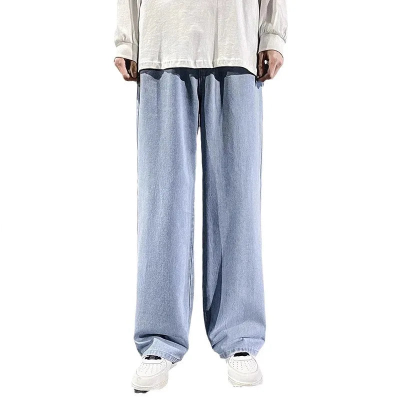 2024 Men’s Streetwear Loose Jeans – Korean Style Wide Leg Casual Pants, Black & Light Blue
