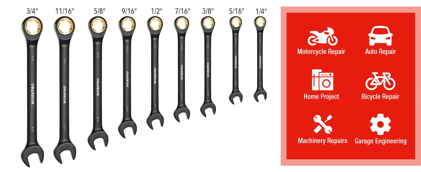WORKPRO 9-Piece 72-Tooth Ratcheting Combination Wrench Set (Metric 8–19mm)