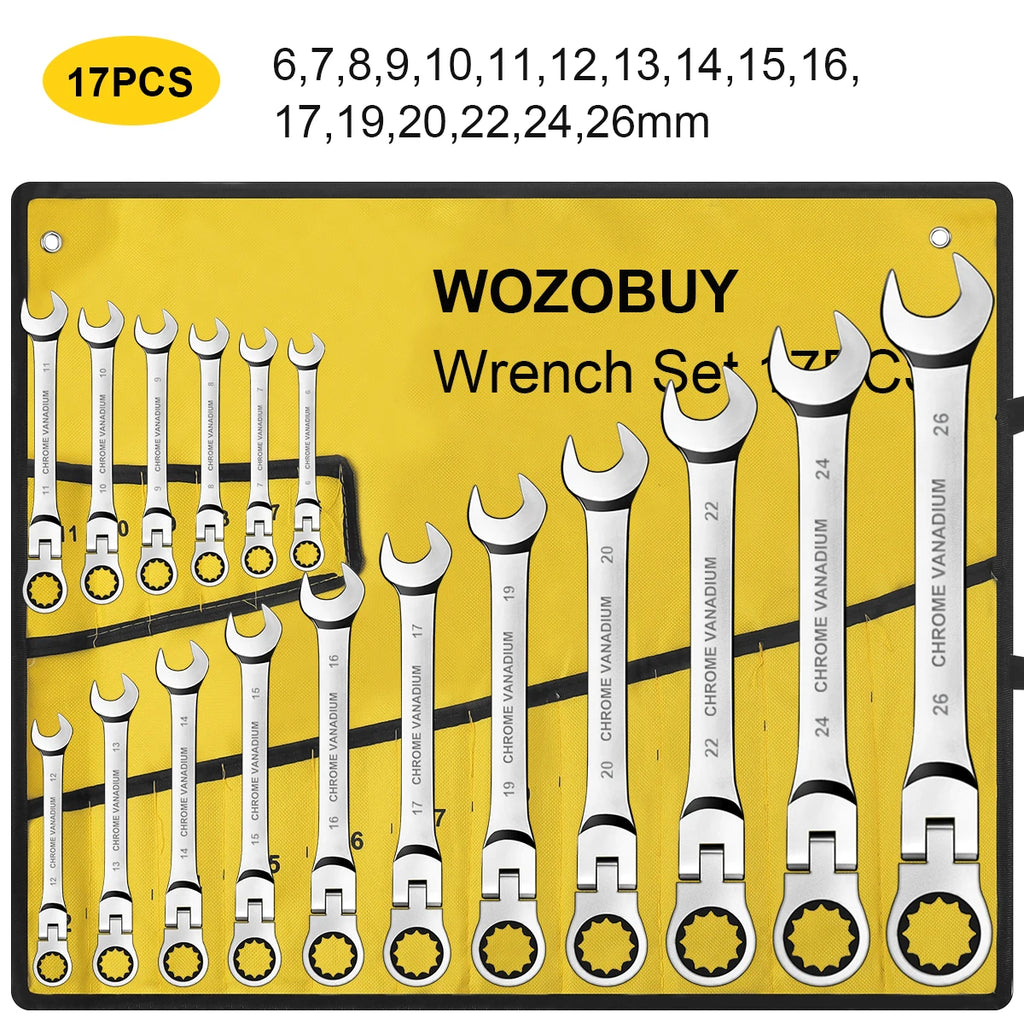WOZOBUY Flex-Head Ratchet Wrench Set – 12/14/16/17 Pcs | 6–26mm | 72-Tooth Cr-V Combination Wrench Kit with Rolling Storage Bag