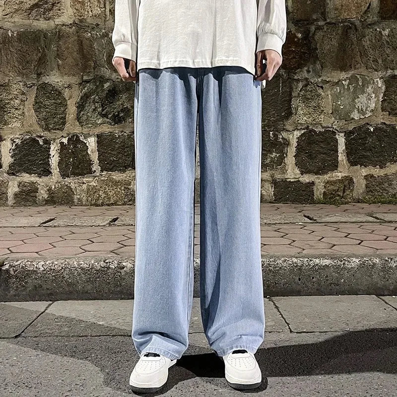 2024 Men’s Streetwear Loose Jeans – Korean Style Wide Leg Casual Pants, Black & Light Blue