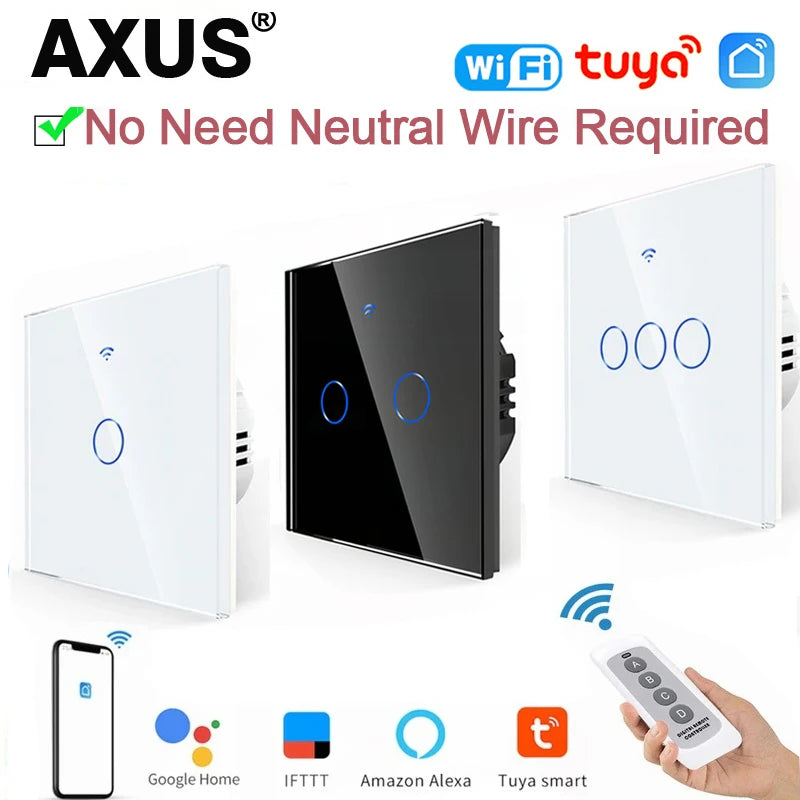 AXUS EU WiFi Smart Touch Light Switch - No Neutral Wire, RF433, Tuya App, Alexa & Google Home Compatible, Reliable & Safe