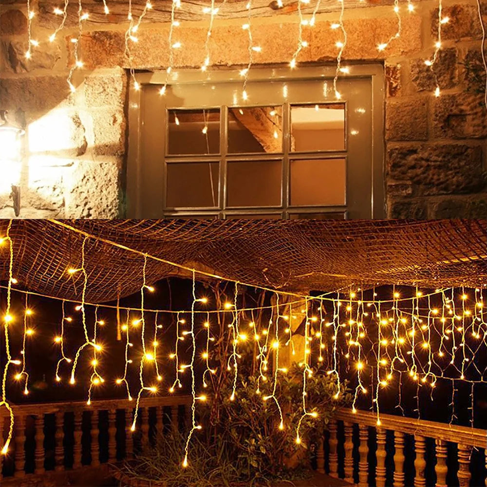 Outdoor Solar Icicle Curtain Lights – Waterproof LED String with 8 Modes for Patio, Garden & Festive Lighting