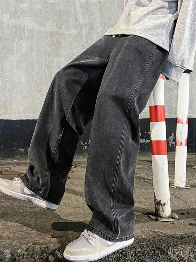 2024 Men’s Streetwear Loose Jeans – Korean Style Wide Leg Casual Pants, Black & Light Blue