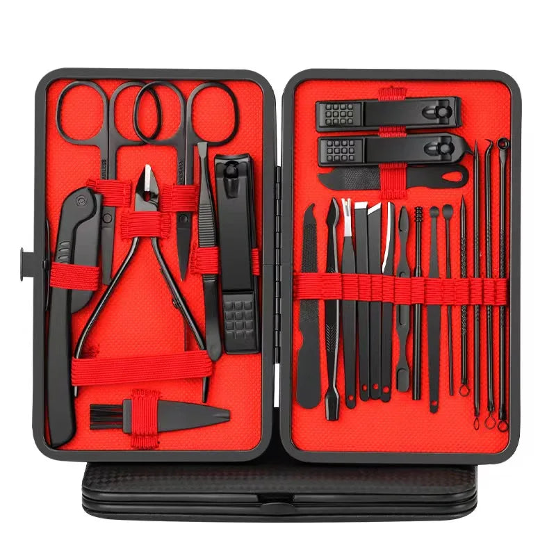 ✨ Luxe Carbon-Steel 24-Piece Nail Care Kit – Professional Manicure & Pedicure Set (Black + Red Edition)