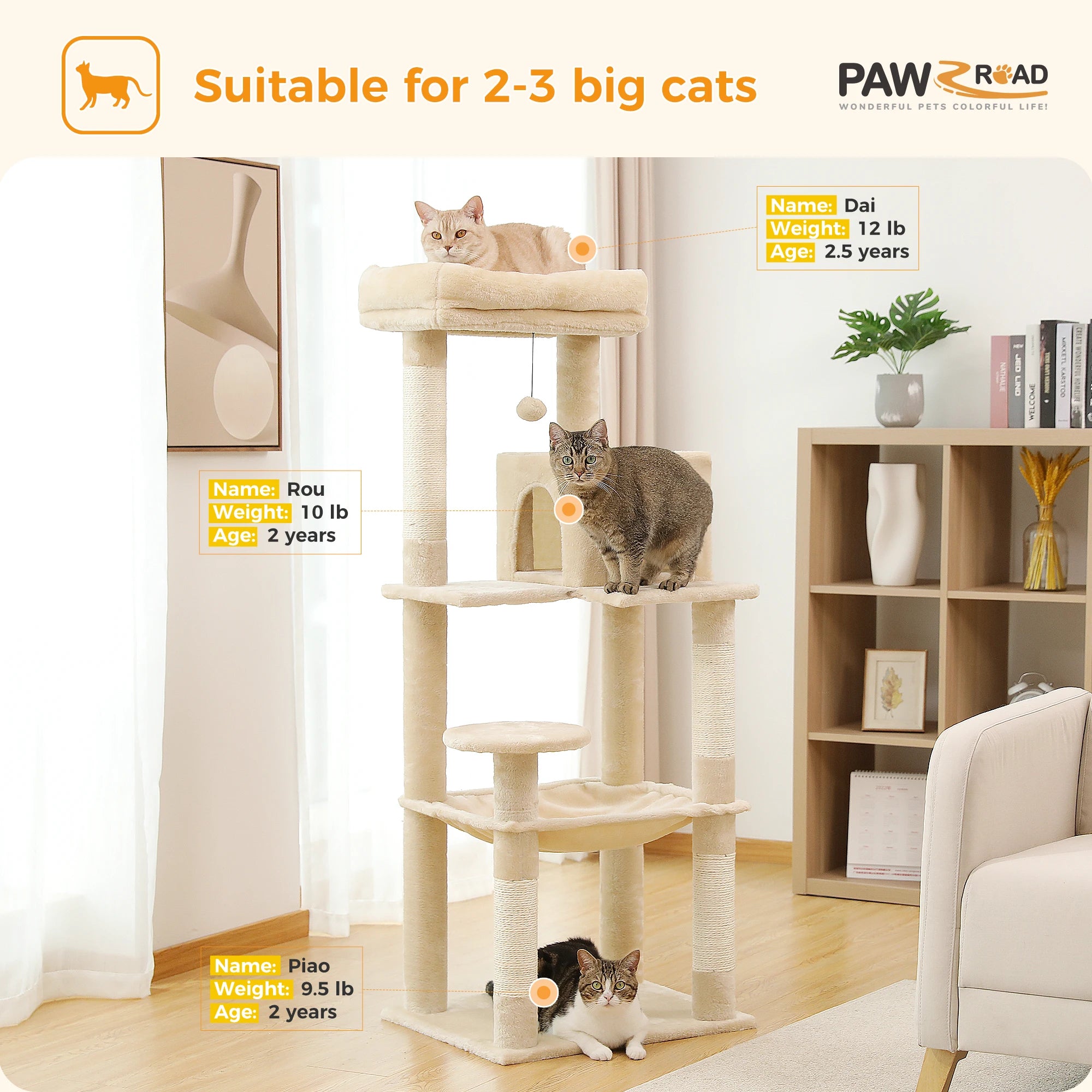 5-Level Cat Tree Tower for Indoor Cats – Large Cat Condo with Hammock & Scratching Posts
