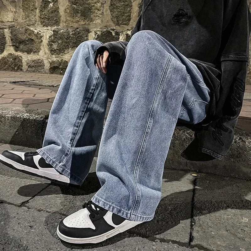 2024 Men’s Streetwear Loose Jeans – Korean Style Wide Leg Casual Pants, Black & Light Blue