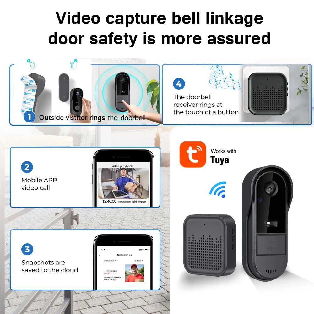 Tuya Smart WiFi Video Doorbell – 1080P HD Wireless Camera with Two-Way Audio, Motion Alerts & Long-Standby Battery