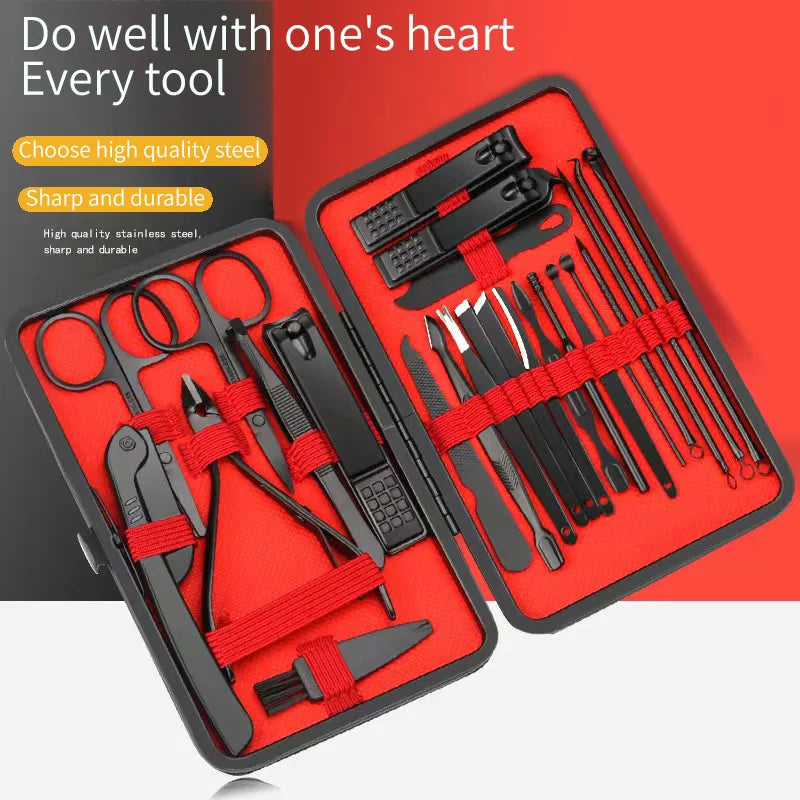 ✨ Luxe Carbon-Steel 24-Piece Nail Care Kit – Professional Manicure & Pedicure Set (Black + Red Edition)