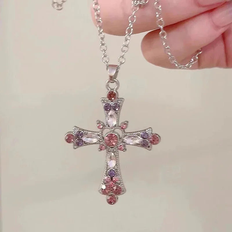 ✨ Luxe Gothic Zircon Cross Pendant Necklace – Y2K Aesthetic Punk Statement Jewelry (Unisex)