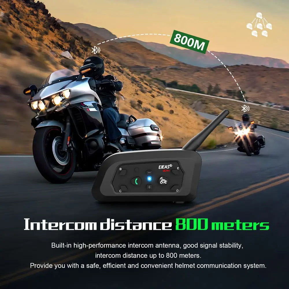EJEAS V6 PRO+ Motorcycle Bluetooth Intercom — 6-Rider 800m Communication, IP67 Waterproof, Noise-Canceling Helmet Headset