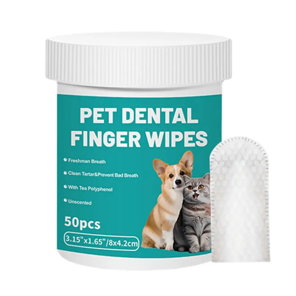 Pet Teeth Cleaning Wipes (50 Count) Dog & Cat Dental Finger Wipes for Bad Breath Removal, Portable Teeth Brushing Wipes for Home & Travel