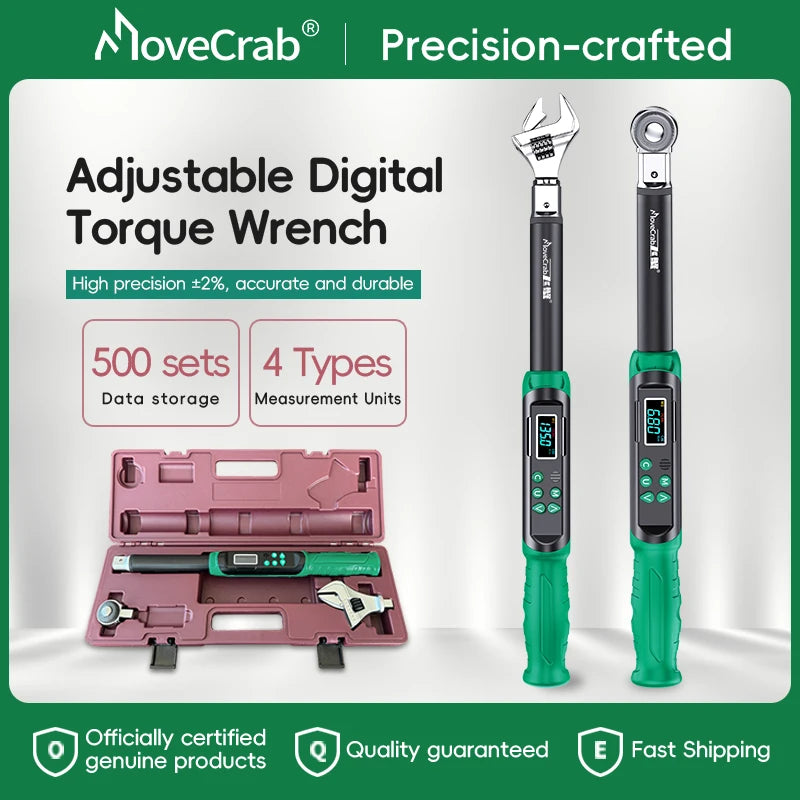 MoveCrab Digital Torque Wrench with Interchangeable Ratchet & Open-End Heads, 5–99.6 ft-lb (6.8–135 Nm) High-Precision Electronic Torque Wrench with LCD Display