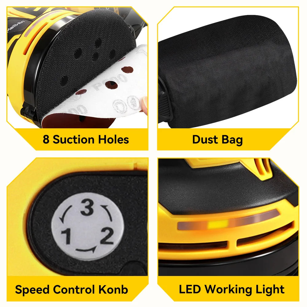 MELLWIN 125mm Cordless Orbital Sander Polisher, 3-Speed Adjustable 18V Electric Sander for Wood & Metal, Makita 18V Battery Compatible